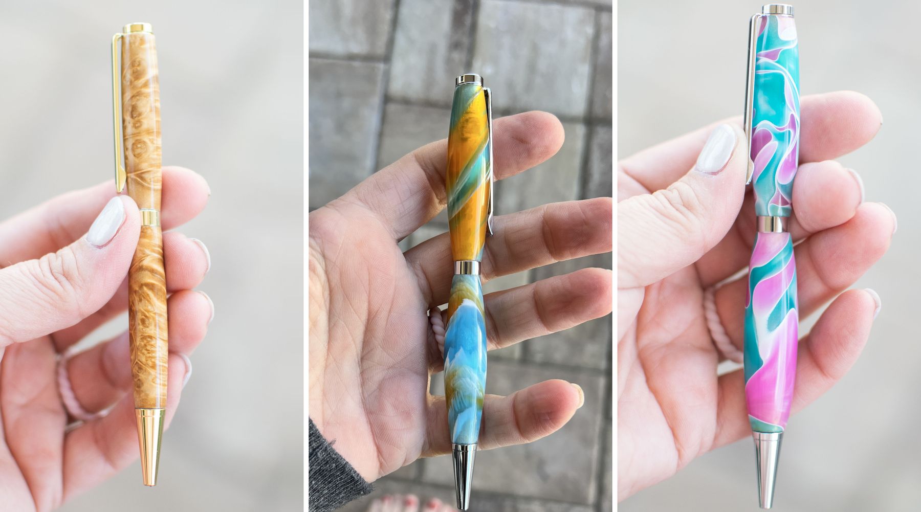 Three handmade pens: a golden burl wood pen with gold hardware, an orange and blue resin pen, and a pink and teal resin pen